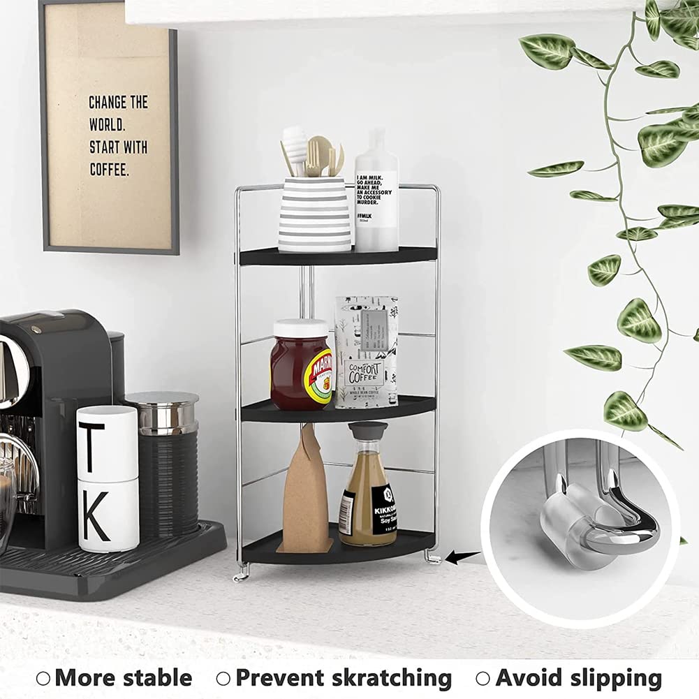 3-Tier Bathroom Countertop Organizer , Vanity Tray Cosmetic & Makeup Storage, Kitchen Spice Rack Standing Shelf , Corner Storage Shelf , Silver&Black