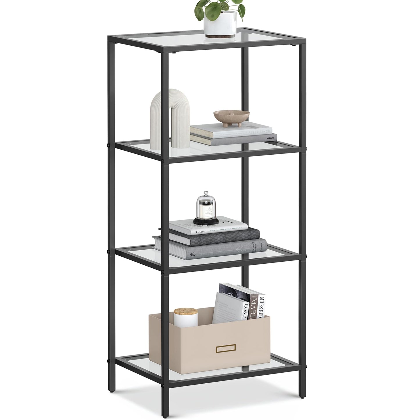 VASAGLE Bookcase, 4-Tier Bookshelf, Slim Shelving Unit for Bedroom, Bathroom, Home Office, Tempered Glass, Steel Frame, Ink Black ULGT028B61