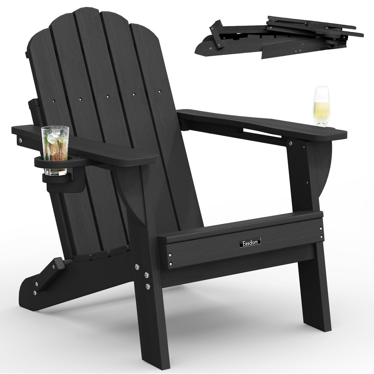 Eesdom Folding Adirondack Chair, All-Weather HDPE Plastic Patio Chair with 2 Cup Holders, Wooden Textured Lawn Chair, Perfect for Fire Pit,Black