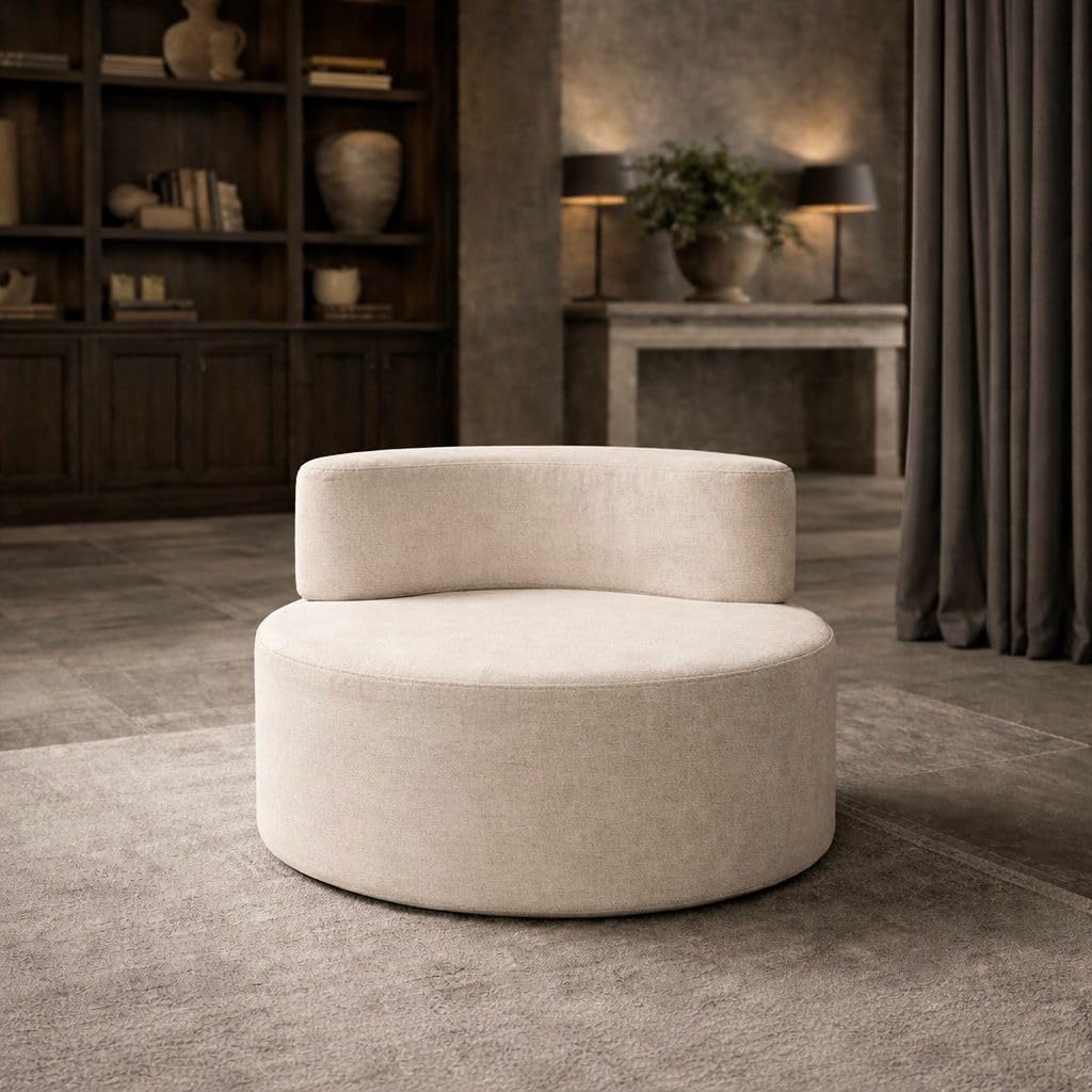 Cloud Frame Waterproof Beige Linen Accent Chair – Modern Curved Round Upholstered Barrel Chair – Removable & Washable Covers – Indoor/Outdoor Lounge Chair for Living Room, Patio, Bedroom