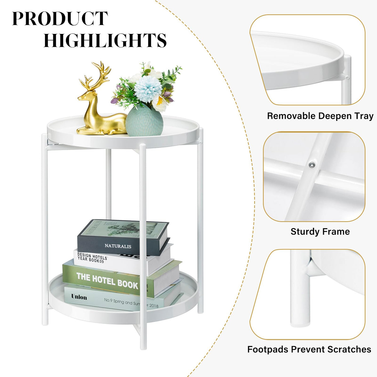 Danpinera 2 Tier Metal Side Table with Removable Tray - Round Accent Table, Anti-Rust White Nightstand for Bedroom, Balcony, Patio