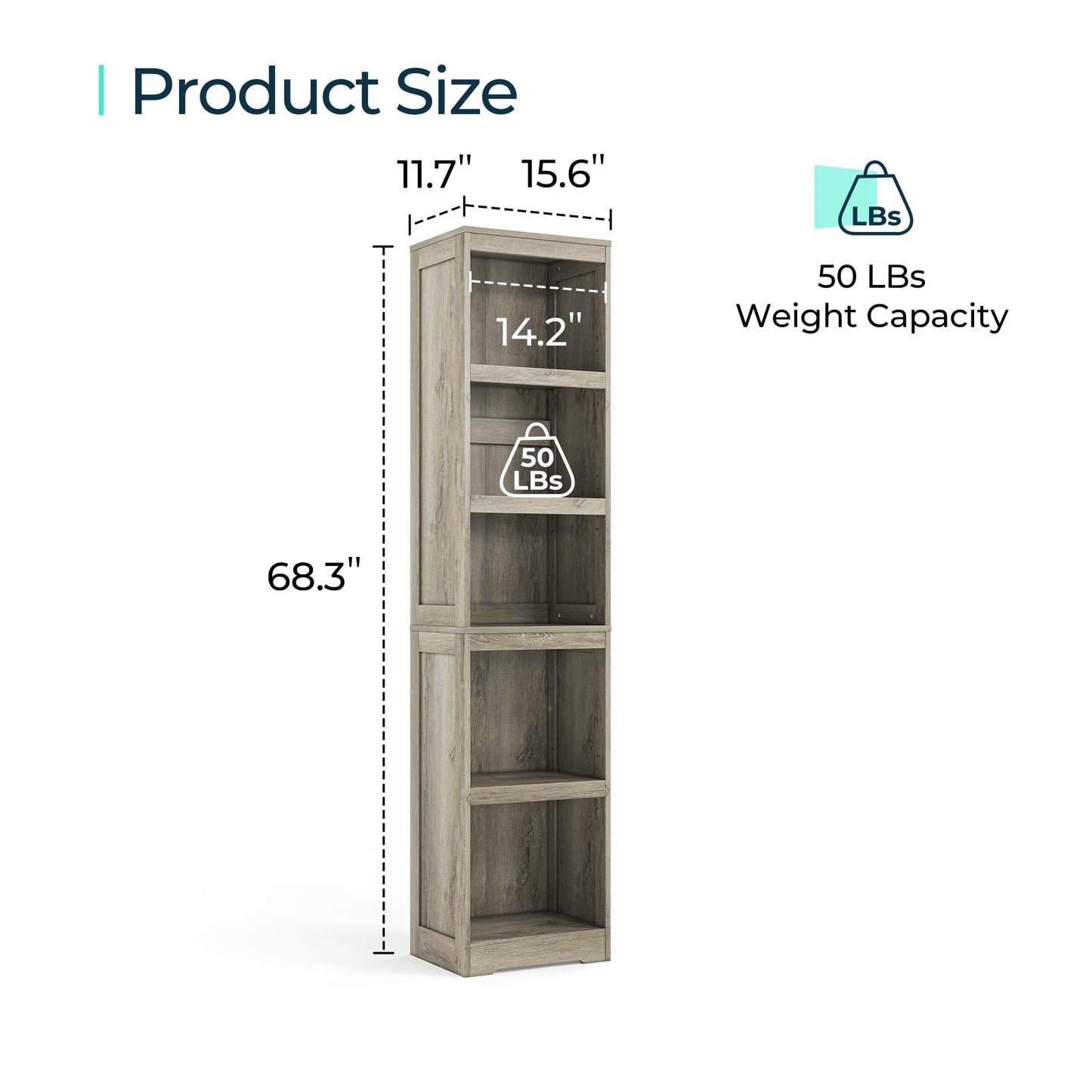 LINSY HOME 5-Shelf Bookcase, Narrow Bookshelves Floor Standing Storage Shelves 68 in Tall Bookcase Home Decor Furniture for Home Office, Living Room, Bed Room - Light Brown