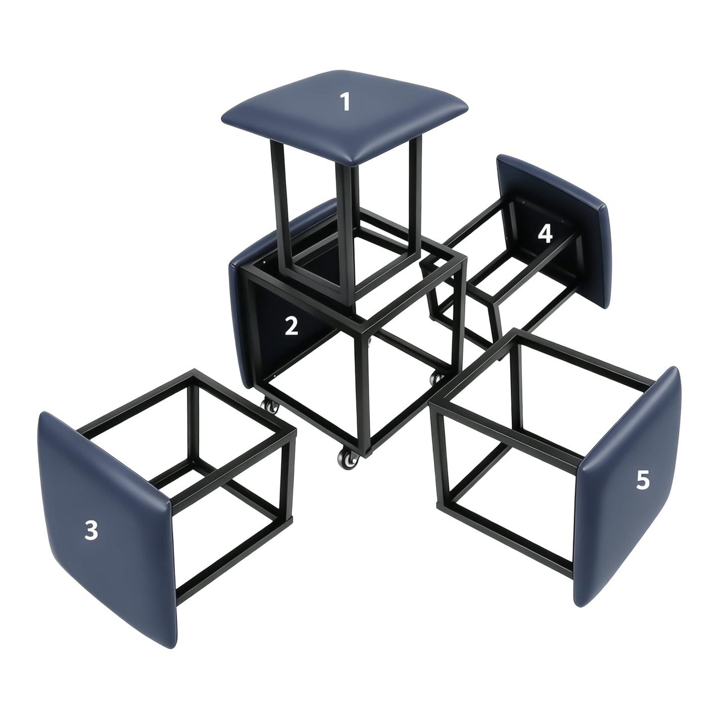 LUGSHIREE 5 in 1 Nesting Ottoman Cube Chair, Stackable Stools, Leather Square Ottoman Bench, Foot Stool with Wheels for Living Room,Dining Room 15.75x15.75x16.54 inches