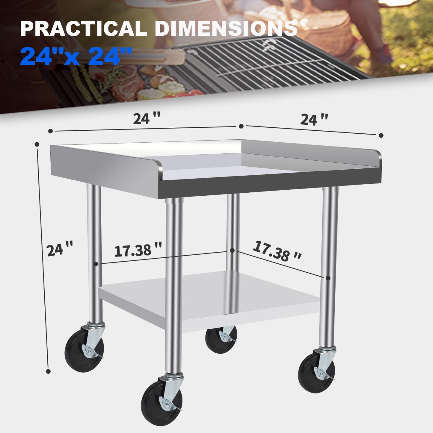 KUGEIGO Commercial-Grade Stainless Steel Workstation Table with Under Shelf & Lockable Casters (24"x24"x24")