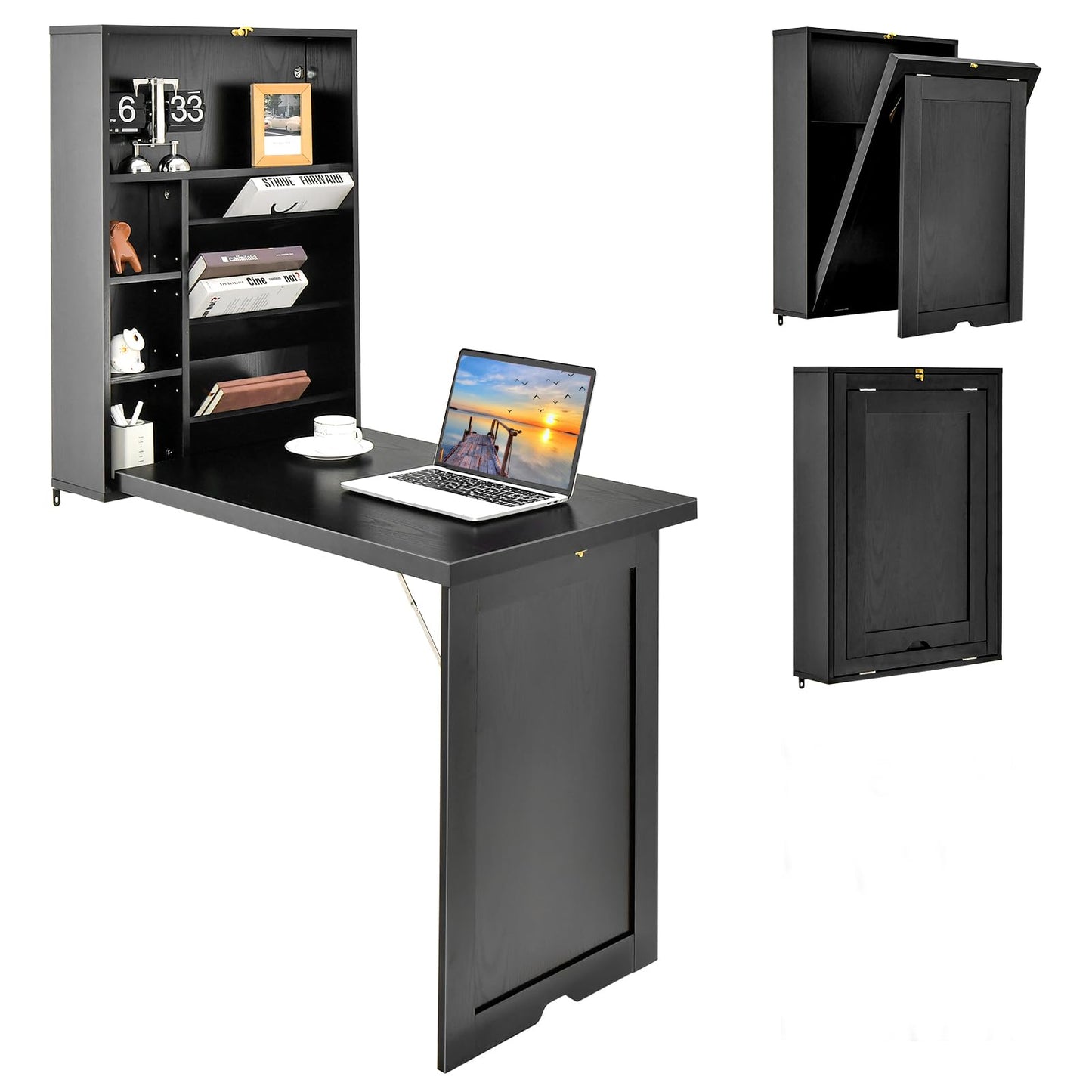 Byroce Wall Mounted Desk, Wood Collapsible Floating Desk, Convertible Computer Desk with Storage Area, Hanging Fold Out Table for Home Office, Small Spaces (Black)