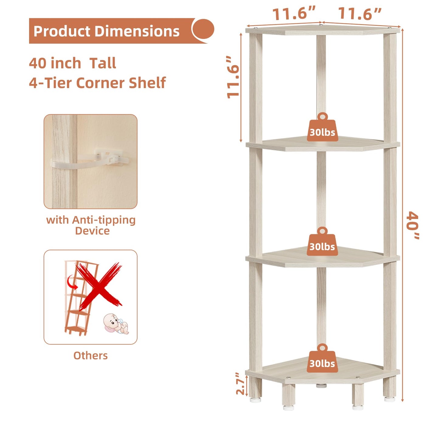 YUFAM 4-Tier Corner Shelf with Sturdy 5-Leg Base, Wooden Corner Bookshelf for Small Spaces, Corner Standing Shelf for Living Room, Bedroom, Office, Grey White