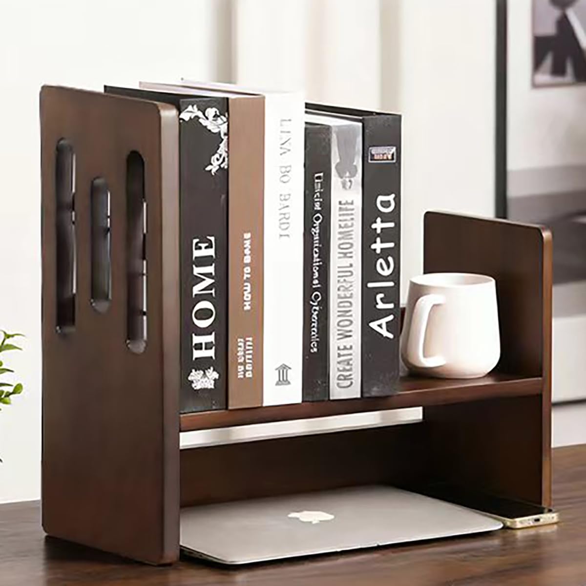 GroveMindoo Handcrafted Solid Wood Desktop Bookshelf, Telescopic Adjustable Desktop Organizer, Multi-Layer Small Bookshelf Desk Shelf for Home Office & Dorm