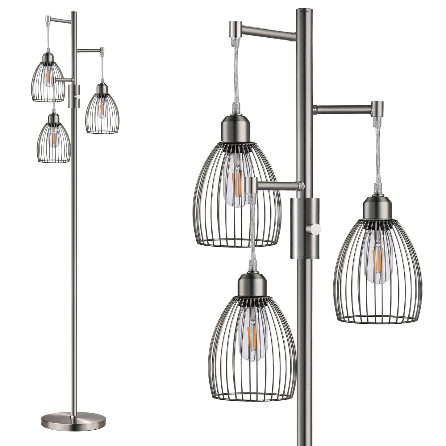 Dimmable Floor Lamp, Industrial Floor Lamps for Living Room, Brushed Nickel Tree Lamp Standing Lamp Tall Lamps with 3 Elegant Teardrop Cage Head & 800 Lumens LED Bulbs for Living Room Bedroom Office