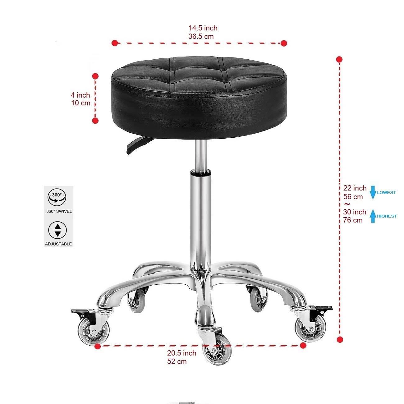 McDooFly Adjustable Heavy Duty Stool - Rolling Stools with Locking Caster Wheels - Swivel Stools Backless Chair for Home Kitchen Office Shop Tattoo Lash Tech Pedicure(Black, Height 22 to 30 in)
