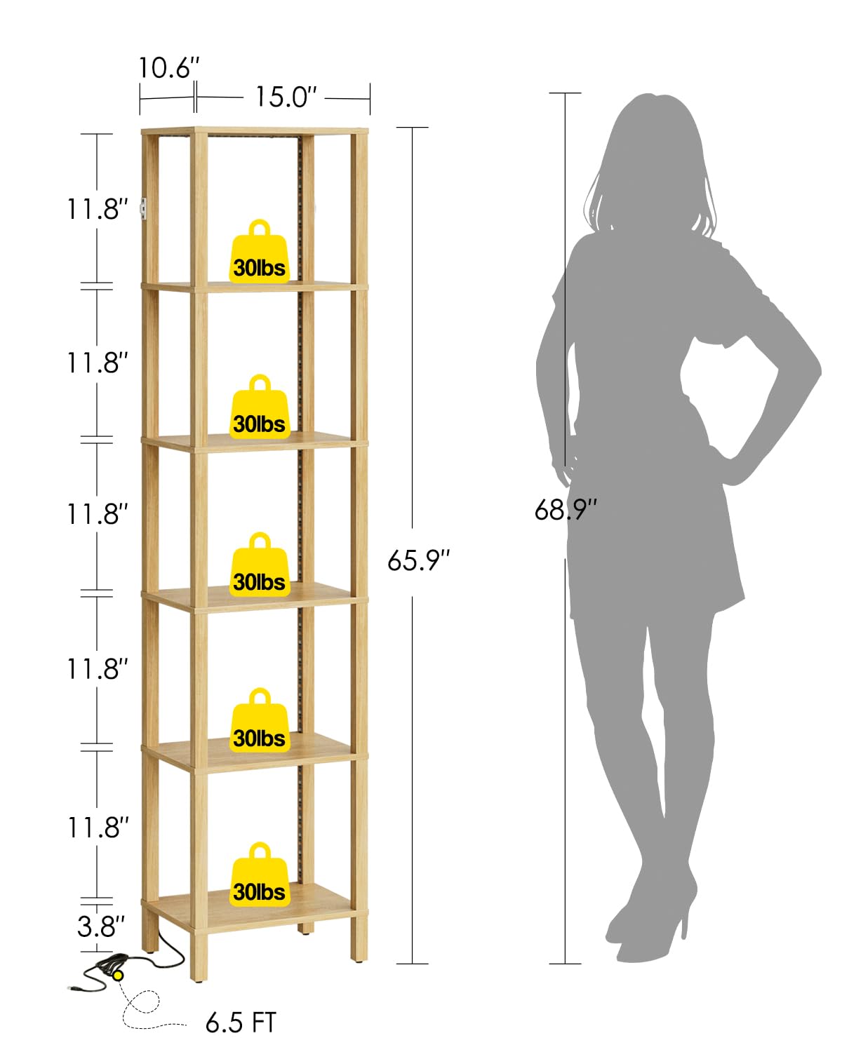 Apetaccat Open Book Shelf with LED Lights, 6 Tier Tall Bookshelf, Freestanding Shelf Narrow Bookcase with Open Shelves, 14.57" x 10.63" x 65.83", Book Shelves for Living Room, Office, Study, Oak