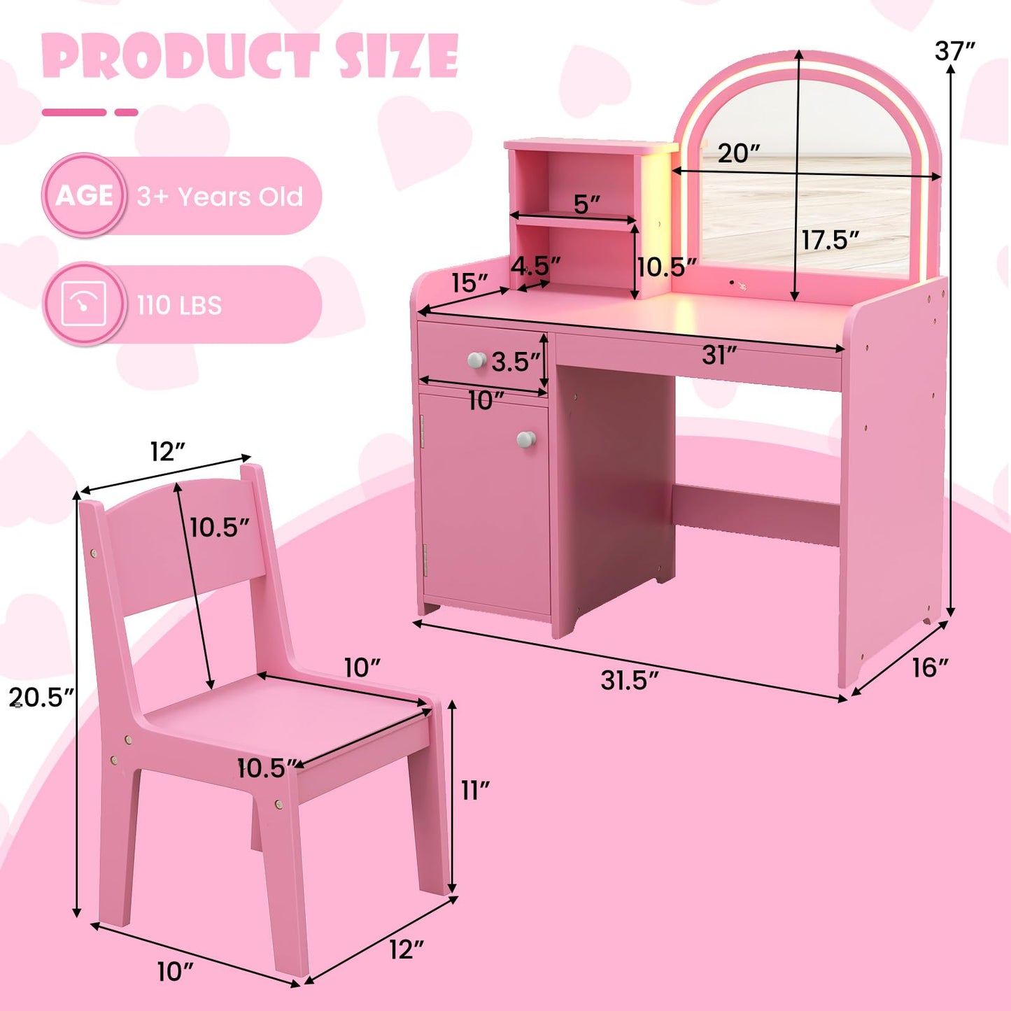 INFANS Kids Vanity, Princess Makeup Desk and Chair Set with Lights Mirror Drawer Storage Shelves, Wooden Dressing Table, Pretend Play Vanity Set for Girls