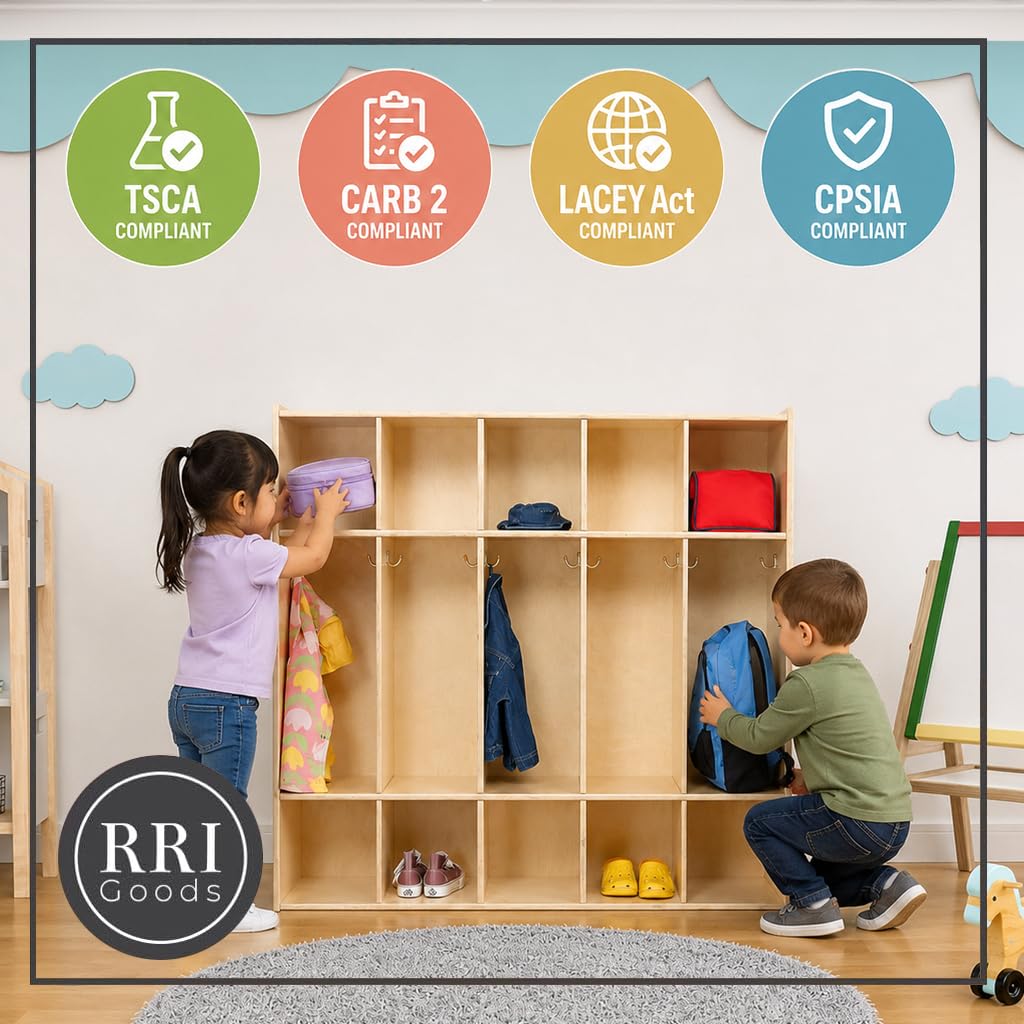 RRI Goods 5 Section Montessori Coat Locker & Backpack Hanger, School,Daycare Organizer, Wooden Furniture with Storage & Hooks for Classrooms, Kid’s Room