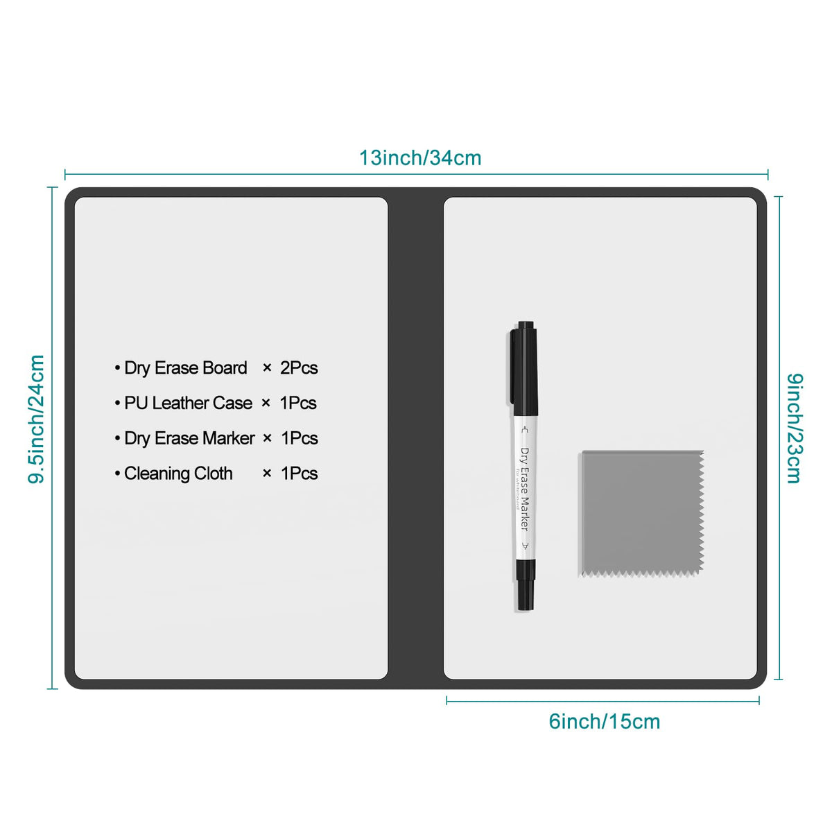 Portable Dry Erase Board,Reusable Whiteboard Notebook, Double-Sided White Board PU Cover 9.5"x6.6" with Marker,Wipe Cloth (Dark Black)