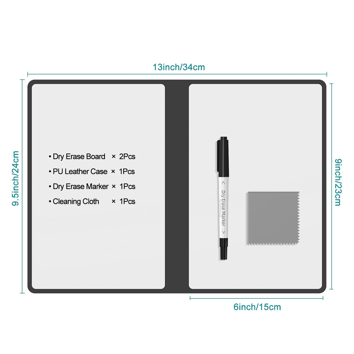 Portable Dry Erase Board,Reusable Whiteboard Notebook, Double-Sided White Board PU Cover 9.5"x6.6" with Marker,Wipe Cloth (Dark Black)