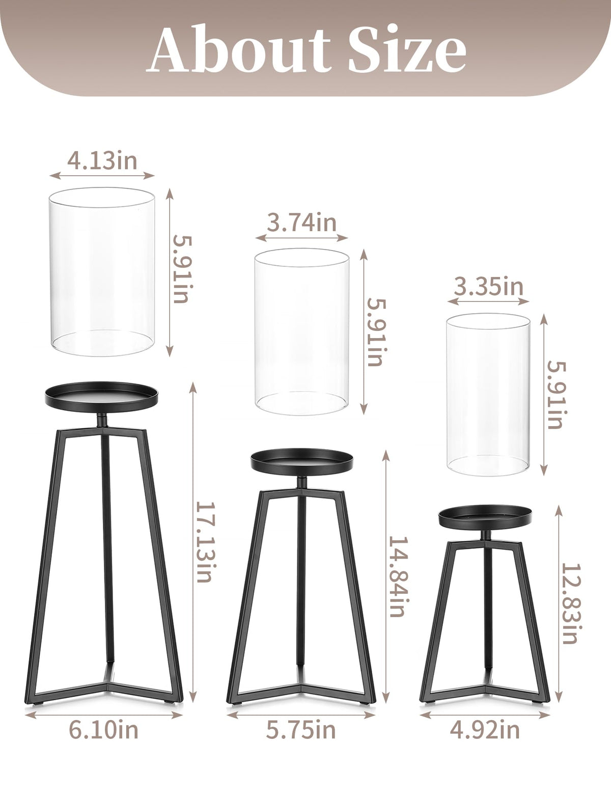 Sziqiqi Pillar Candle Holders Black: Set of 3 Metal Candleholder - Geometric Candle Stands with Hurricane Glass for Indoor Outdoor Dining Table Decor