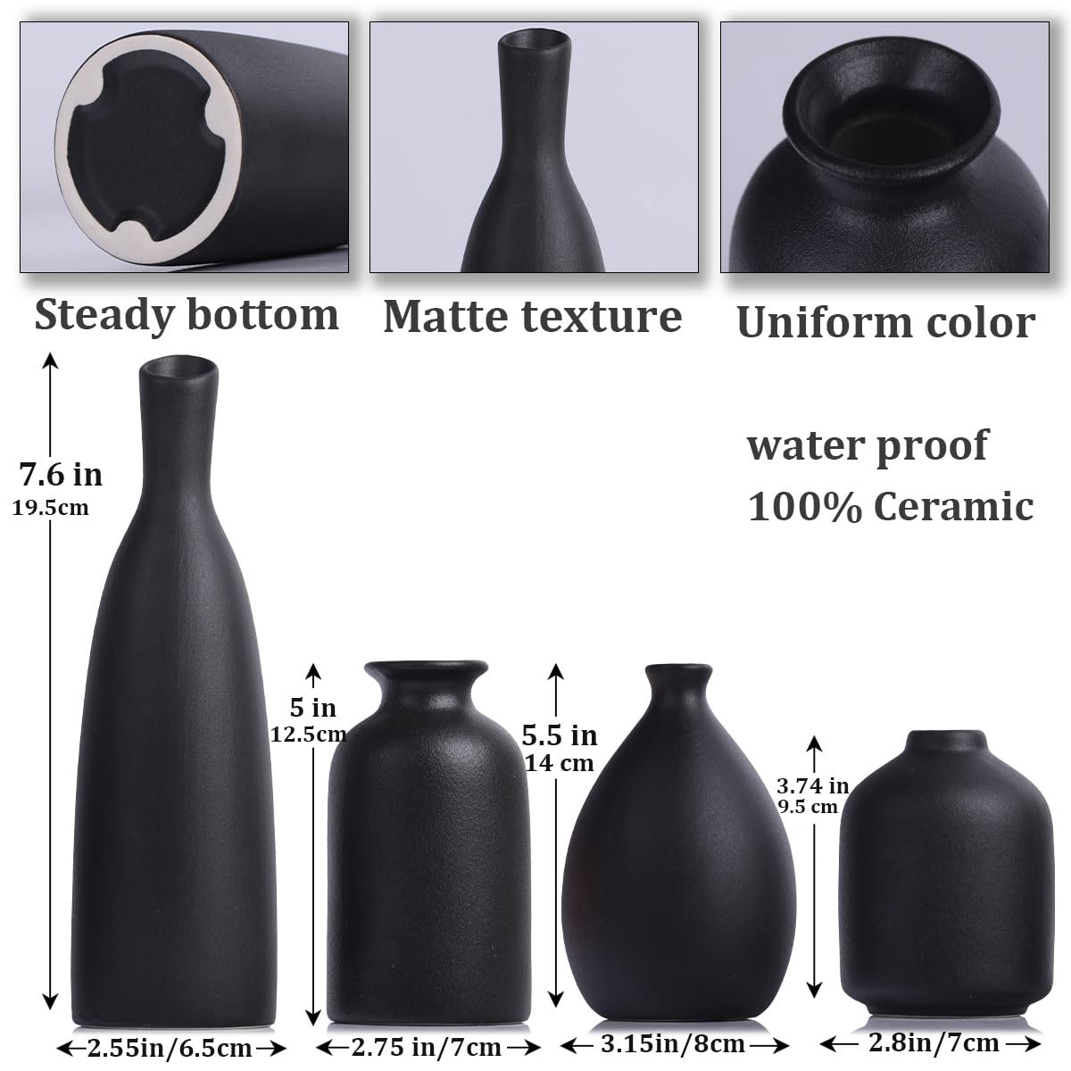 Black Ceramic Bud Vases Set of 4, Farmhouse & Mantle Decor, Living Room, Kitchen & Office, Coffee Table Decor, Bulk