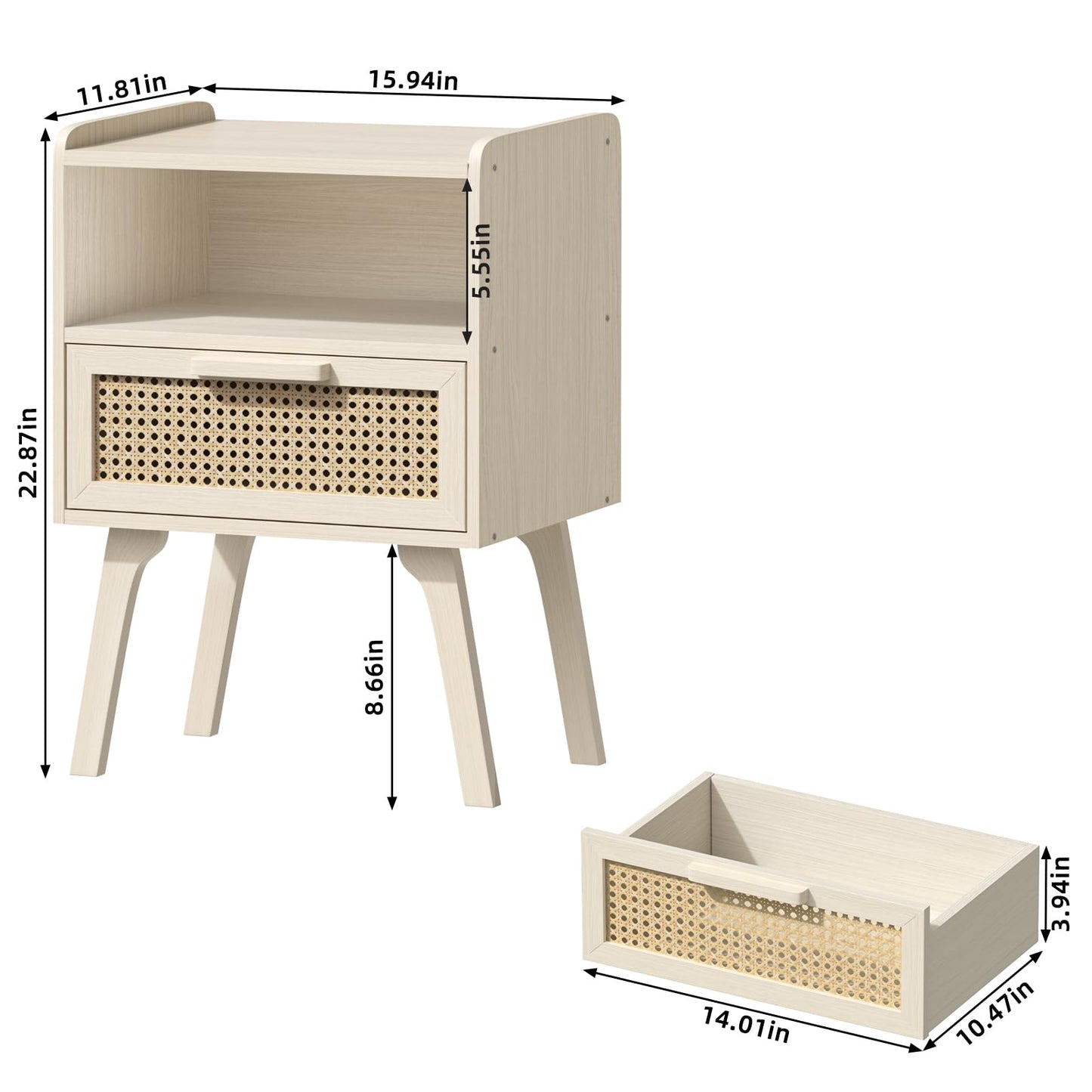 Lerliuo Rattan Nightstand, Side Table with Drawer Open Shelf, Cane Accent Bedside End Table with Solid Wood Legs, Mid Century Modern Night Stand for Bedroom, Dorm and Small Spaces (Grey White)