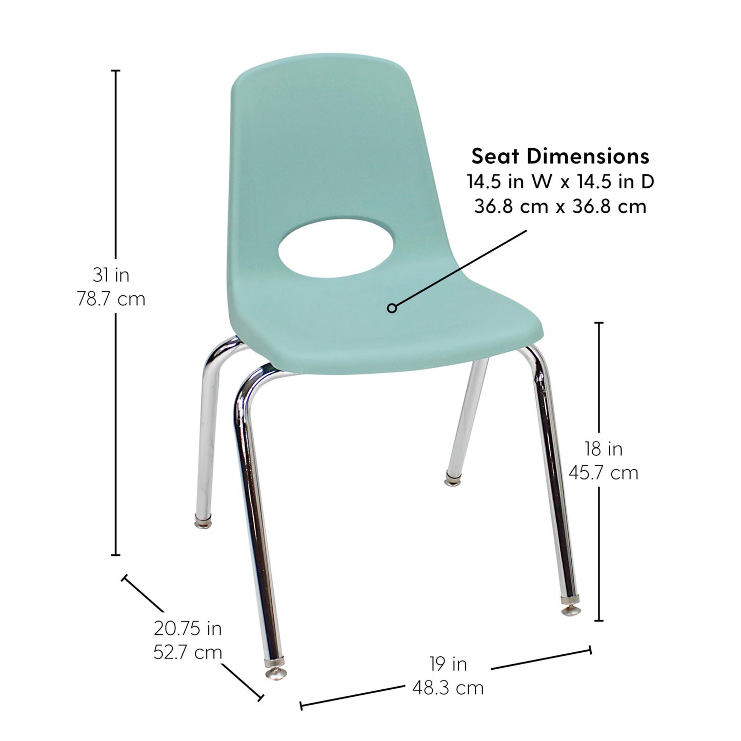 FDP 18" School Stack Chair, Stacking Student Seat with Chromed Steel Legs and Swivel Glides for Classroom, Homeschool or Office - Seafoam (2-Pack), 13050-SF
