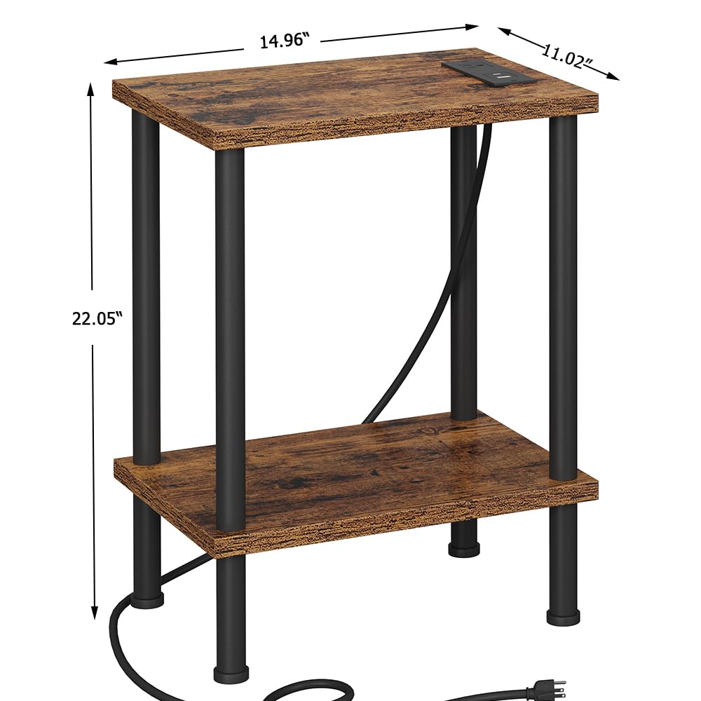 VIMBER Side Table with Charging Station, Set of 2 End Tables with USB Port and Outlets, Nightstands with 2-Tier Storage Shelves and Metal Legs, Sofa Table for Small Space, Living Room, Bedroom