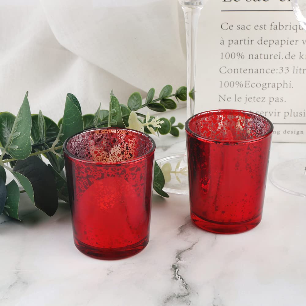 BTGLLAS 24pcs Red Glass Tea Light Holders - Votive Candle Holders Bulk for Weddings Events - Glass Votives for Wedding Centerpieces, Christmas, Thanksgiving - Candle Accessories Decor (24, Red)