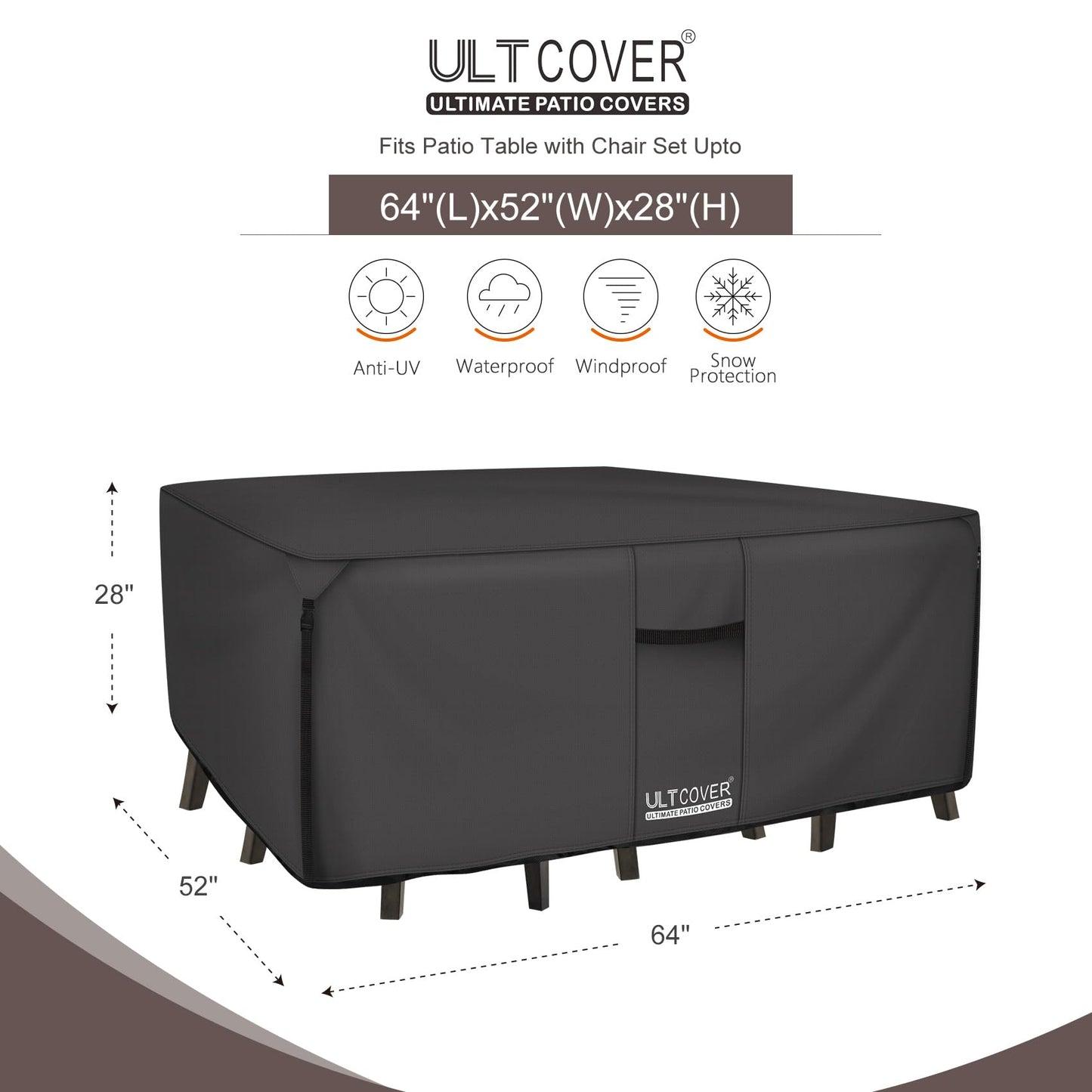 ULTCOVER 600D Tough Canvas Heavy Duty Rectangular Patio Table and Chair Cover - Waterproof Outdoor General Purpose Furniture Covers 64Lx52Wx28H inch, Black