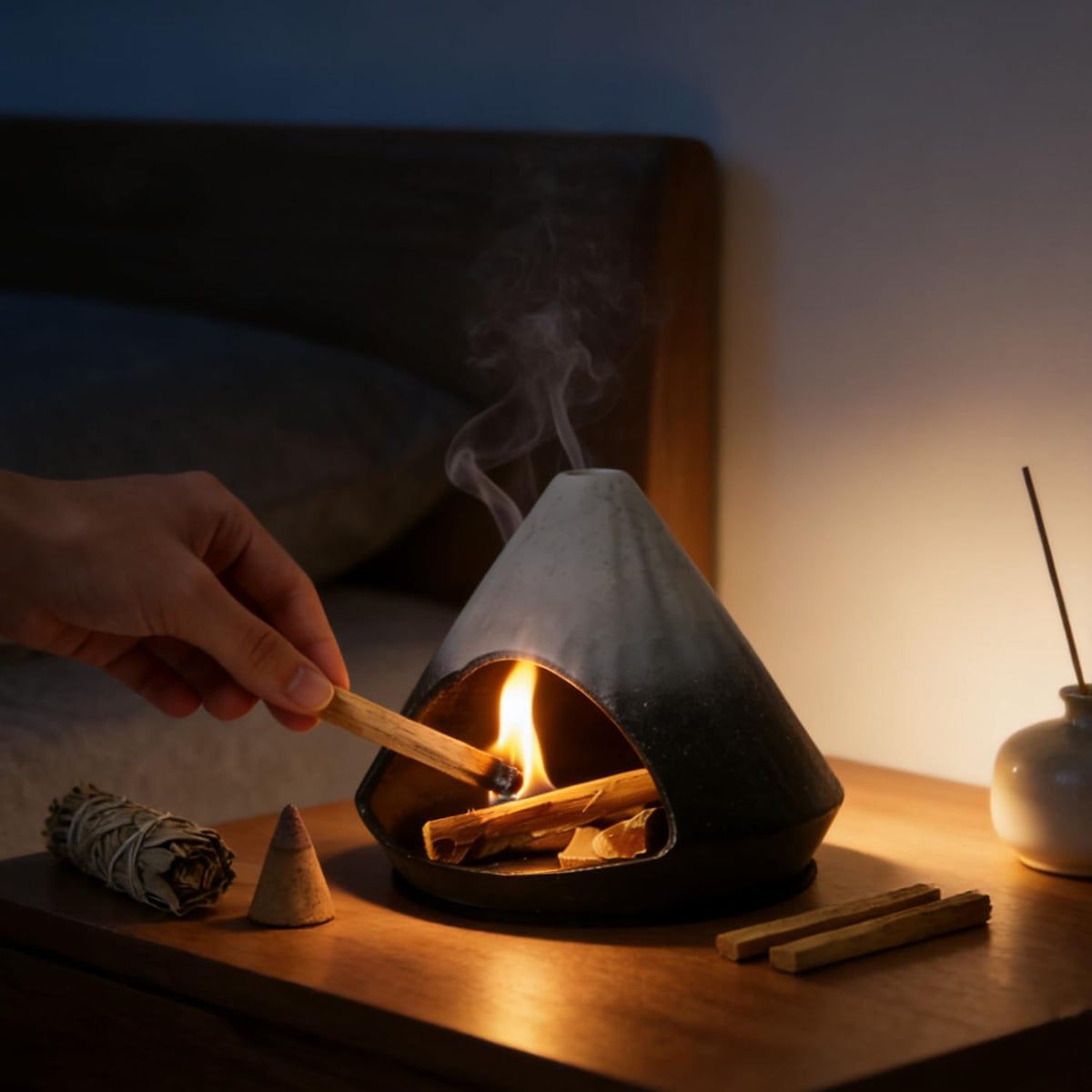 Fluvie Incense Burner Holder for Palo Santo Sticks,Sage,Cone,Mountain-Inspired Handcrafted Ceramic Ash Catcher Smudge Bowl for Yoga Meditation Energy Cleansing Room Décor,Black