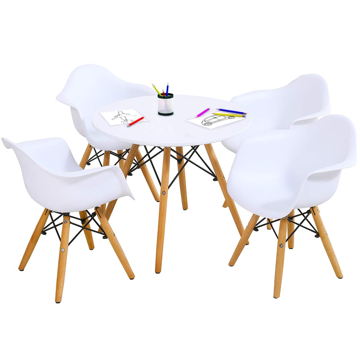 Costzon Kids Table and Chair Set, Mid-Century Modern Style Table Set Round Table with Armchairs for Toddler Children, Kids Dining Table and Chair Set (White, Table & 4 Chairs)