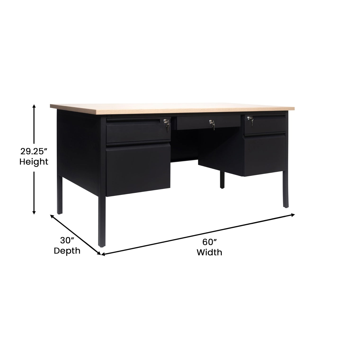 Flash Furniture Cambridge Double Pedestal Desk with 5 Locking Drawers, Commercial Grade Teacher's or Office Desk, 30x60, Metal Frame, White Oak/Black