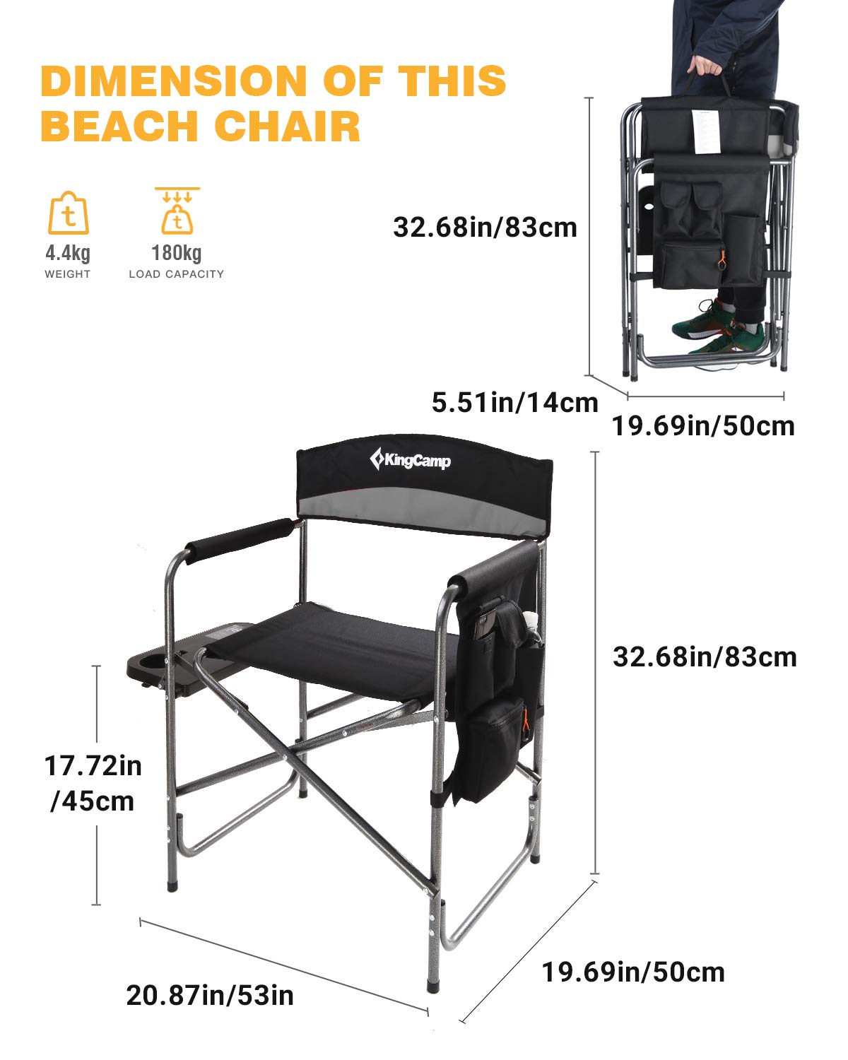 KingCamp Folding Camping Chair, Heavy Duty Portable Directors Style with Side Table Carry Handle Storage Pockets for Outdoor Tailgating Sports Backpacking Fishing, Black