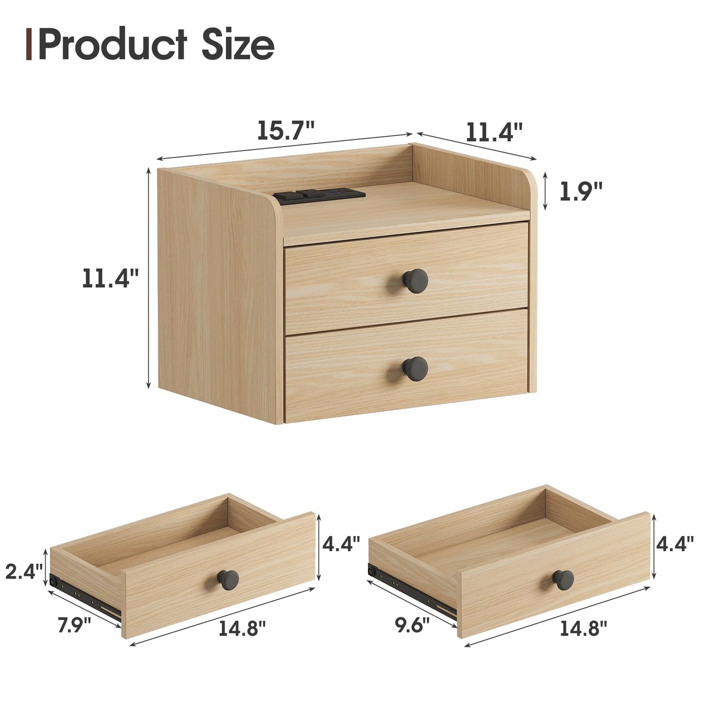 Floating Nightstand Set of 2 with 2 Storage Drawers and Charging Station Wood Wall Mounted Bedside End Table Modern Night Stands Set 2 for Bedroom,Small Space,Natural
