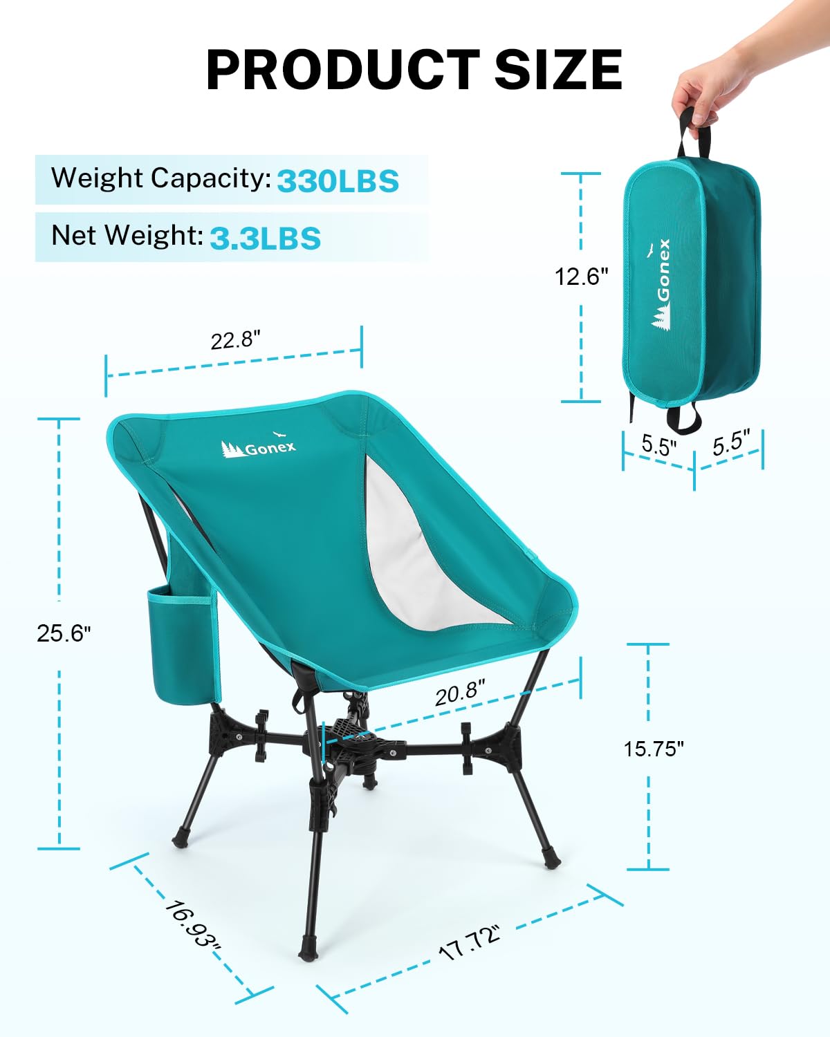 Gonex Portable Camping Chair, The 5th Gen Ultralight Compact Backpacking Foldable Lightweight Folding Chair for Outdoor Camp Hiking Beach Picnic Concert, Supports 330lbs (Lake Green, 1 PCS)
