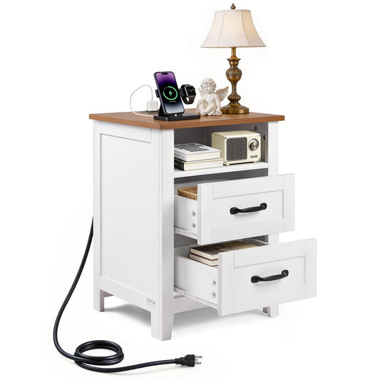 VEVOR Farmhouse Nightstand with Charging Station, 18" Wide End Table with 2 Drawers, Bedside Table, Rustic Side Table with Open Storage Shelf, USB/Type-C Ports, 6.5ft Cord, for Bedroom, White & Brown