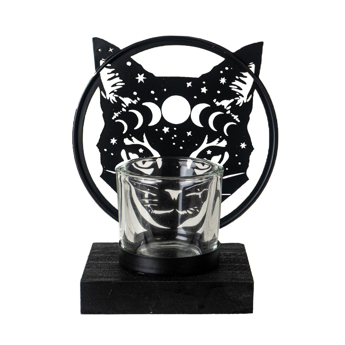 Pacific Giftware Celestial Cat Tea Light Holder by Alchemy England Mystical Silhouette with Moon Phases and Stars Perfect for Gothic or Halloween Home Decor 6" Tall