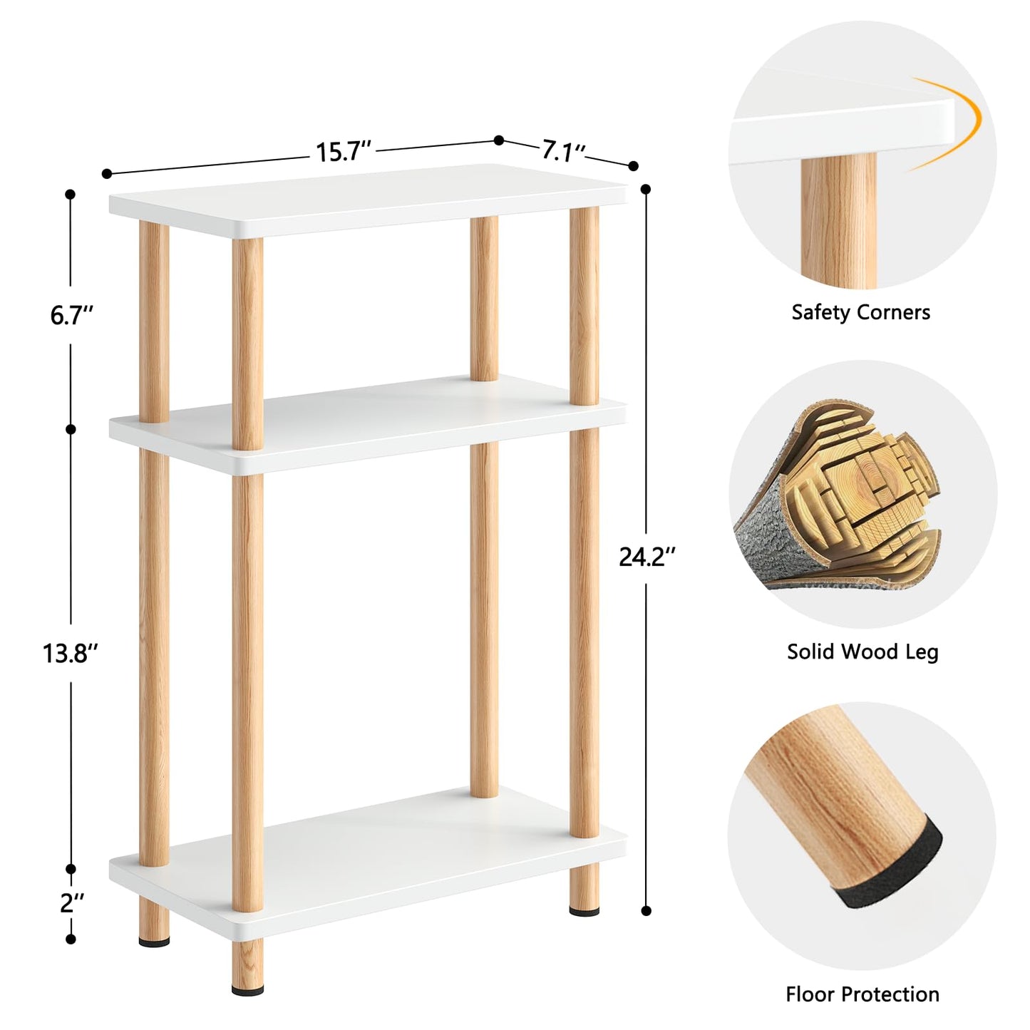 Apicizon 3 Tier End Table, Narrow Side Table with Storage Shelf, Bedroom, Living Room, Entryway, Farmhouse, White and Natural