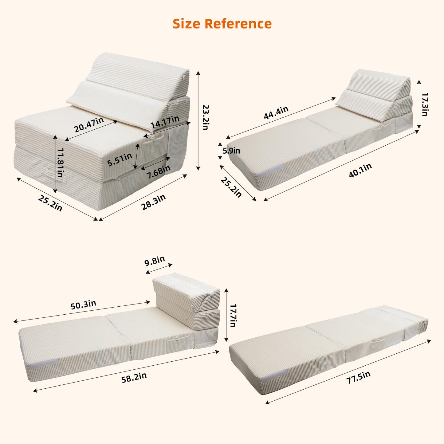 INRLKIT Cozy Folding Sofa Bed Convertible Sleeper Chair Couch Foldable Floor Mattress Comfy Portable Floor Sofa Lounge for Living Room Bedroom(77"x26",Beige White,30D Density Foam)