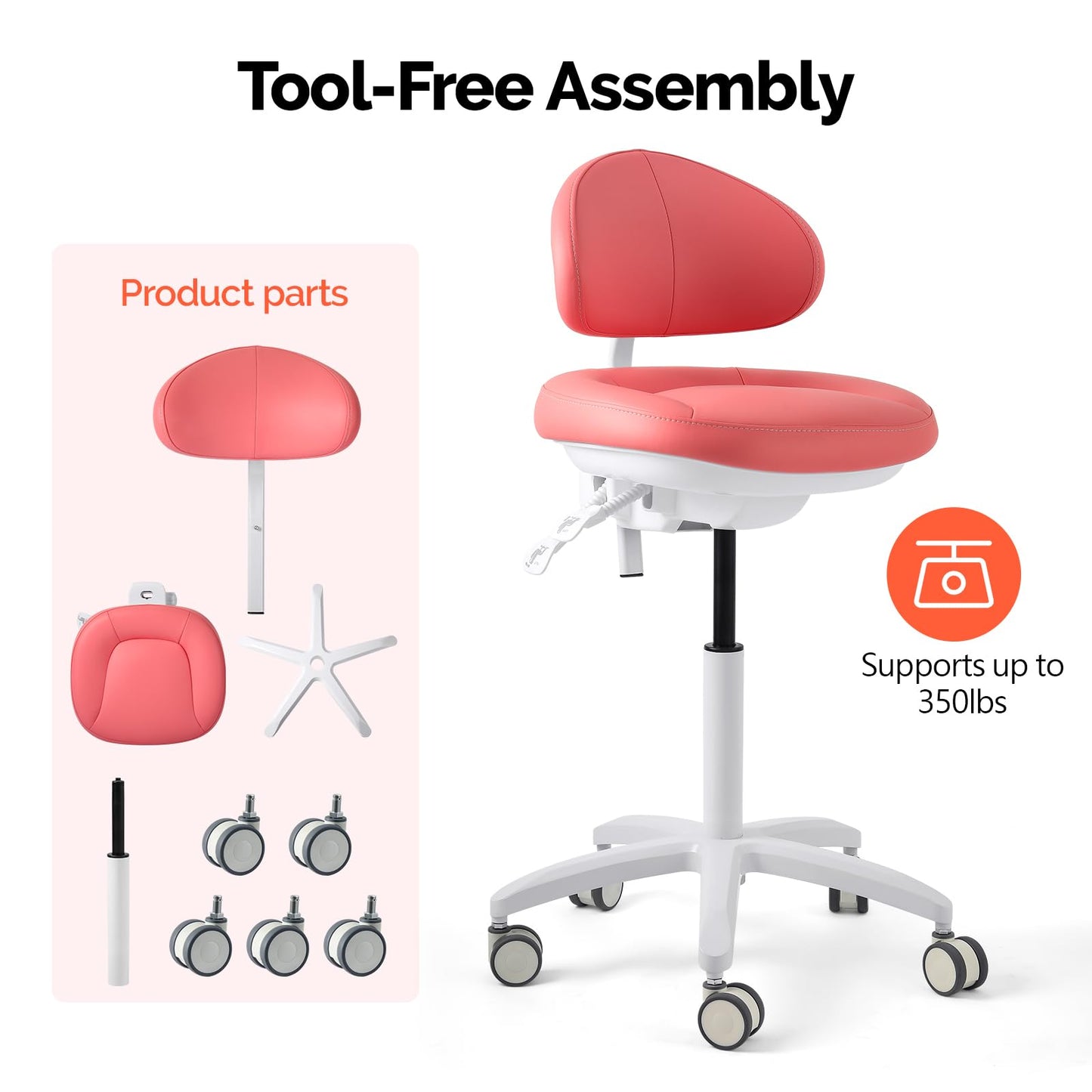 JMU Dental Stool, Adjustable Height Rolling Stool with Backrest, 350lbs Load Capacity Microfiber Leather, for Medical Clinic Lab Tattoo Salon, Pink