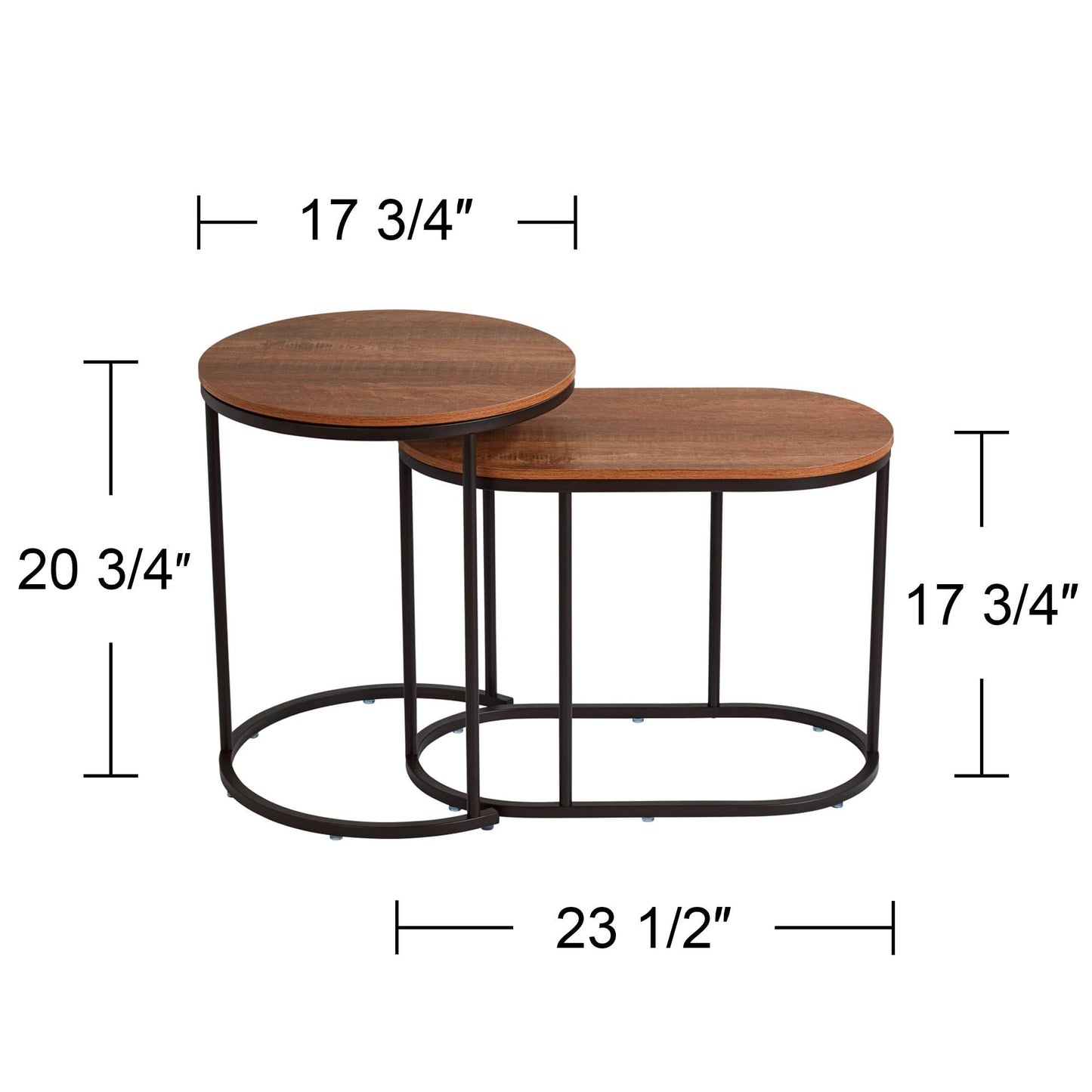 Studio 55D Santa Maria Modern Industrial Set of 2 Small Walnut Round Circle Oval Nesting Wood Black Metal Frame Accent Coffee Couch Side End Tables Living Room Decor Furniture Bedroom Home Office