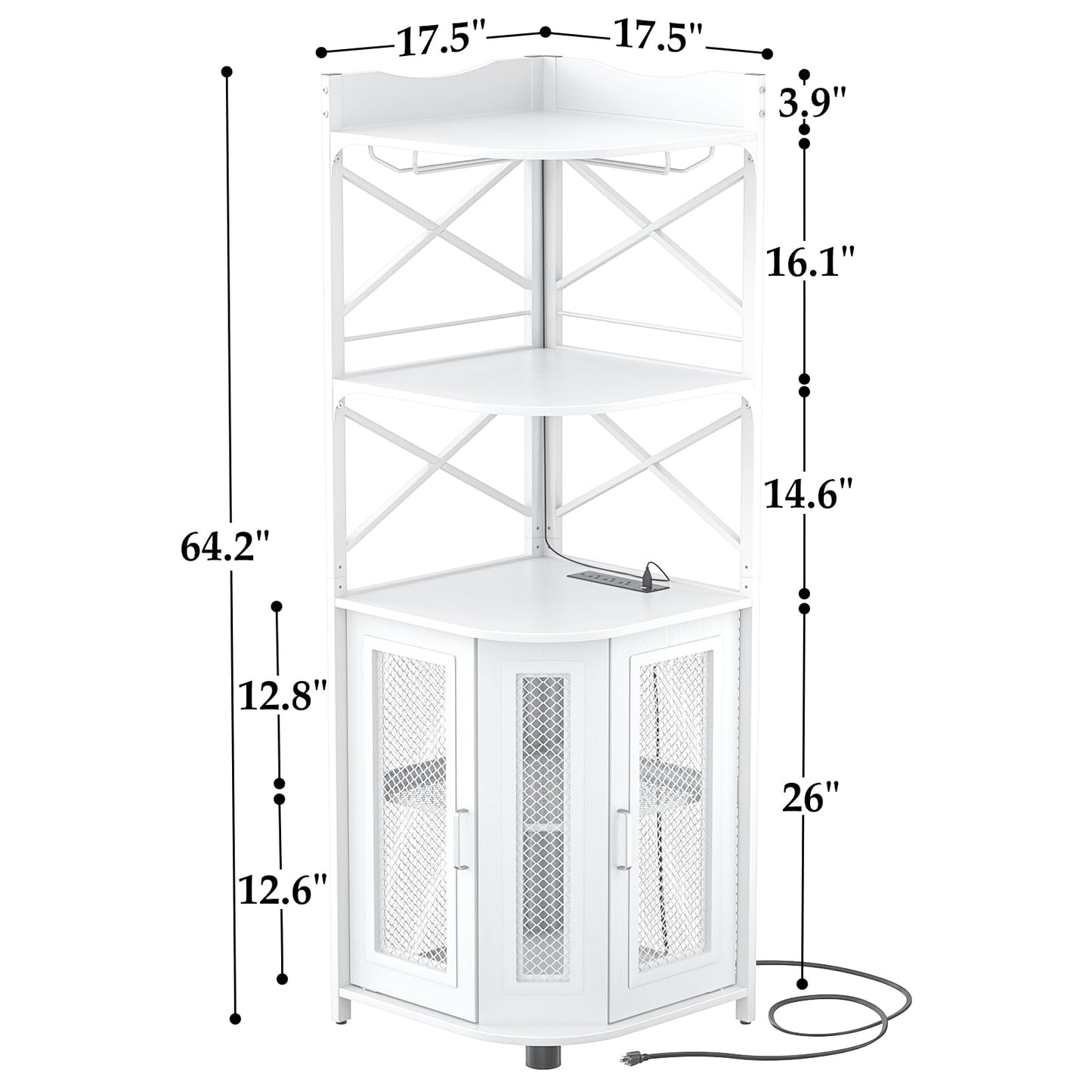 Aheaplus Corner Bar Cabinet with Power Outlet, Industrial Wine Cabinet with LED Strip and Glass Holder, 5-Tiers Liquor Cabinet Bar Unit for Home, Corner Display Cabinet for Small Space, White