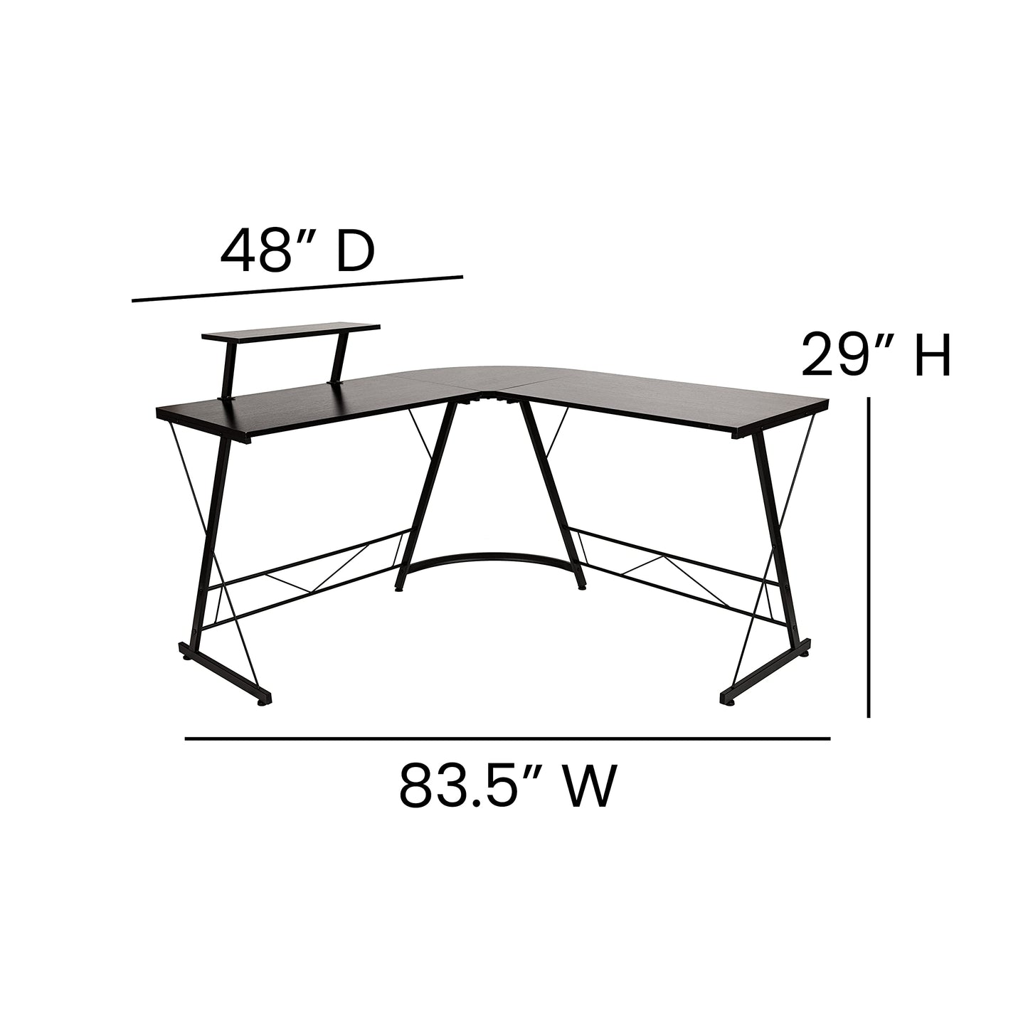 Flash Furniture Ginny Corner Desk - Black/Black Space Saving L-Shaped Gaming Desk with Monitor Shelf - 71.5" 2-Tier Computer Desk, Home Office Desk, Easy Assembly
