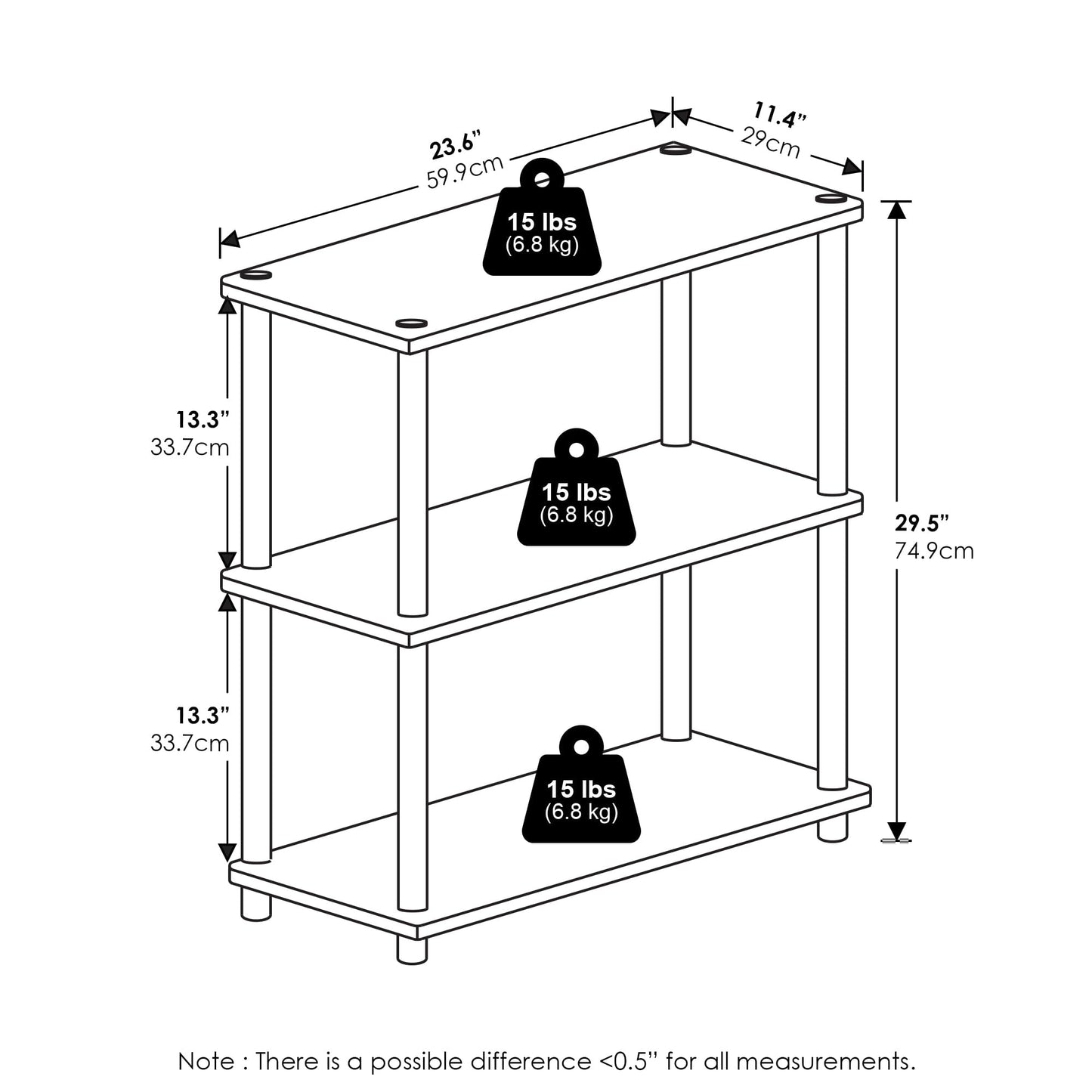 Furinno Turn-N-Tube Storage Shelves, 3-Tier Book Shelf, Corner Shelf, Toolless Open Shelves, for Organization and Storage, Living Room, Garage, Home Office, Amber Pine