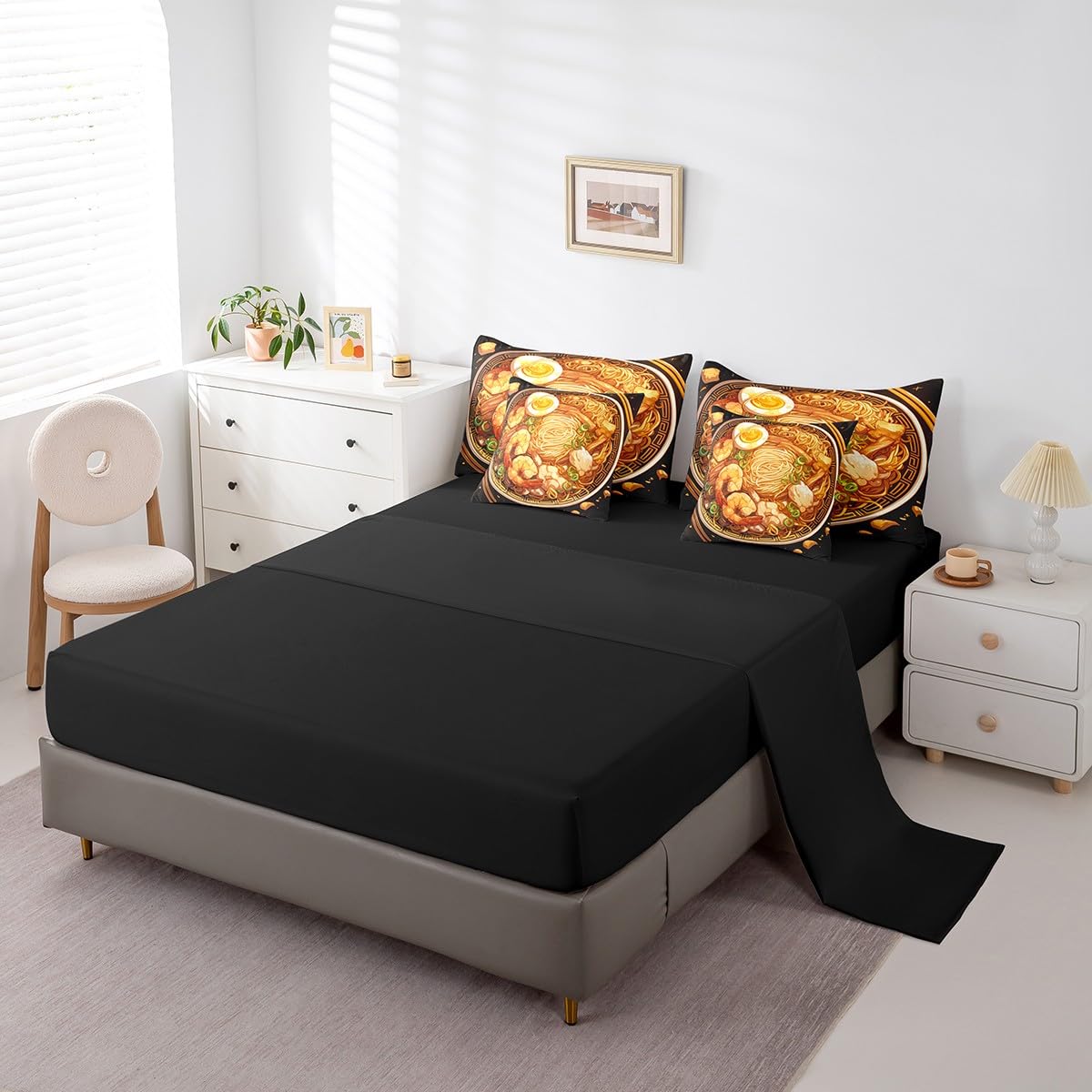 Erosebridal Ramen Noodle Queen Bedding Set 7 Piece,Japanese Ramen Bed Set Funny Gifts for Kids Teens Adults,Anime Style Comforter Set Food Themed Bed in a Bag with Fitted+Flat Sheet,Pillowcases