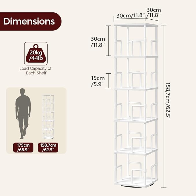 MAHANCRIS 5-Tier Rotating Bookshelf, Freestanding Corner Bookshelf, 360°