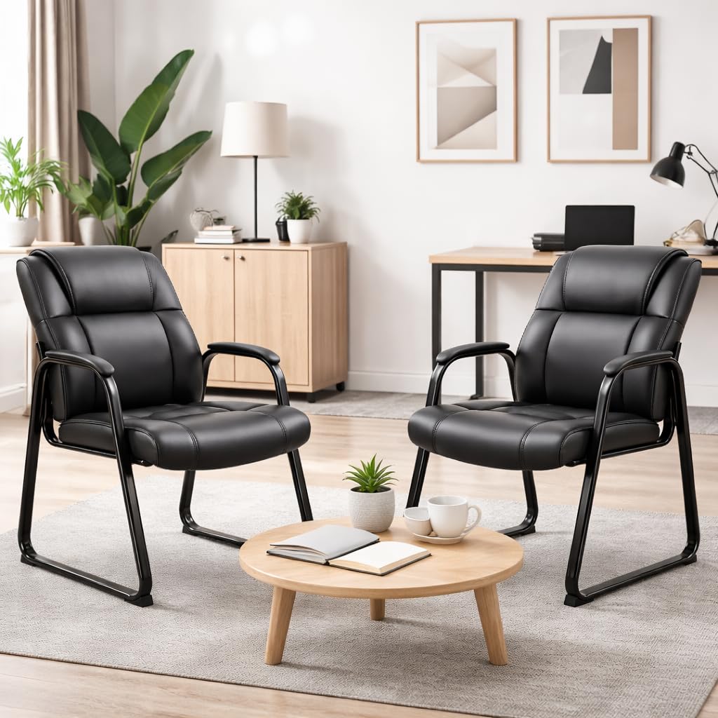 Zoolati Office Guest Chair, Leather Waiting Room Chair with Sled Base and Armrests, Reception Desk Chair No Wheels, Conference Room Chair for Office Lobby Clinic Home