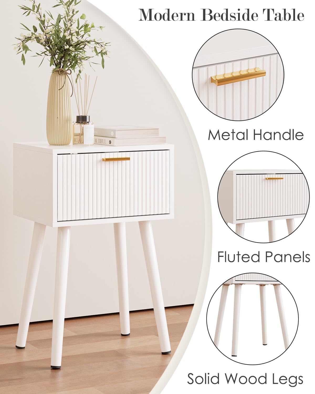 ASACESCU Night Stand, White Nightstand with Fluted Door, Small Modern Mid-Century Bedside Table for Bedroom, End Table for Living Room