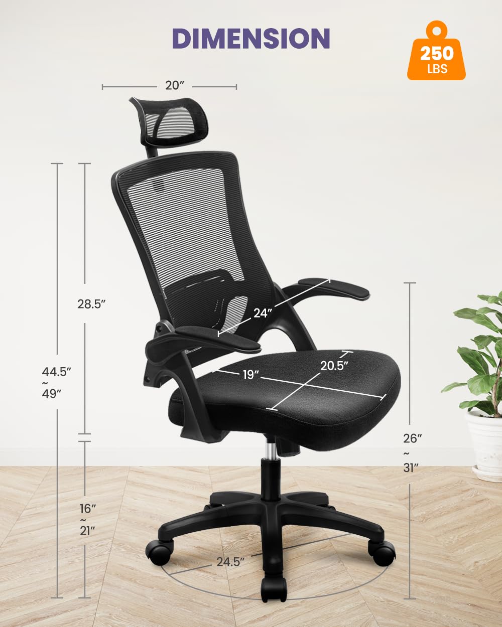 NEO Chair Office High Back Mesh Headrest Adjustable Height and Ergonomic Design Home Office Computer Desk Executive Lumbar Support Padded Flip-up Armrest Swivel Chair (Black)