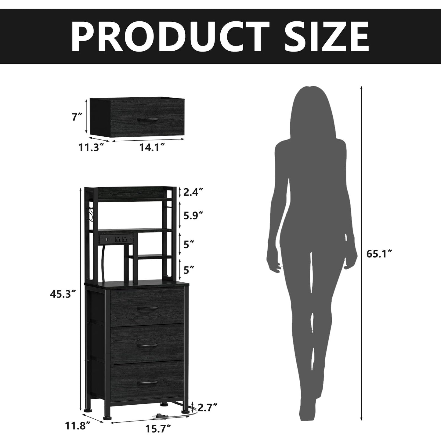 Furnulem Tall Night Stand with 3 Fabric Drawers and LED Lights, Nightstand with Bookshelf, 45.3inch Tall Bedside Tables with USB Ports in Bedroom, Dorm, Office,Metal Frame, Wood Shelves (Black Oak)