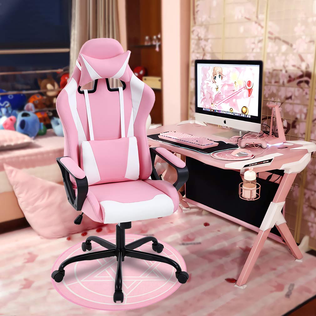Ergonomic High-Back PU Leather Executive Office Gaming Chair with Massage Function, Adjustable Reclining Design, Lumbar Support, Headrest Pillow, Armrests Modern Racing Style Desk Chair (Pink)
