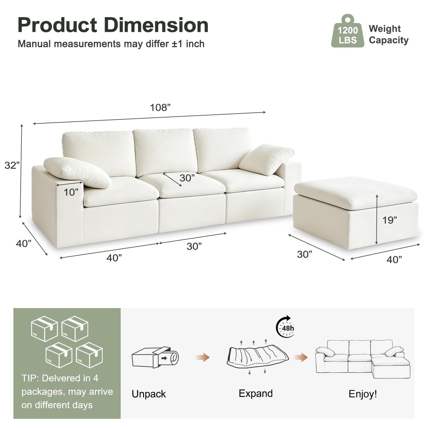 Nigoone 108" Sectional Couches for Living Room, Modular Cloud Sofa with Ottoman, No Assembly, Convertible L Shaped Boneless Couch, Adjustable Sofa Backrest, 4 Seater, Warm White Chenille