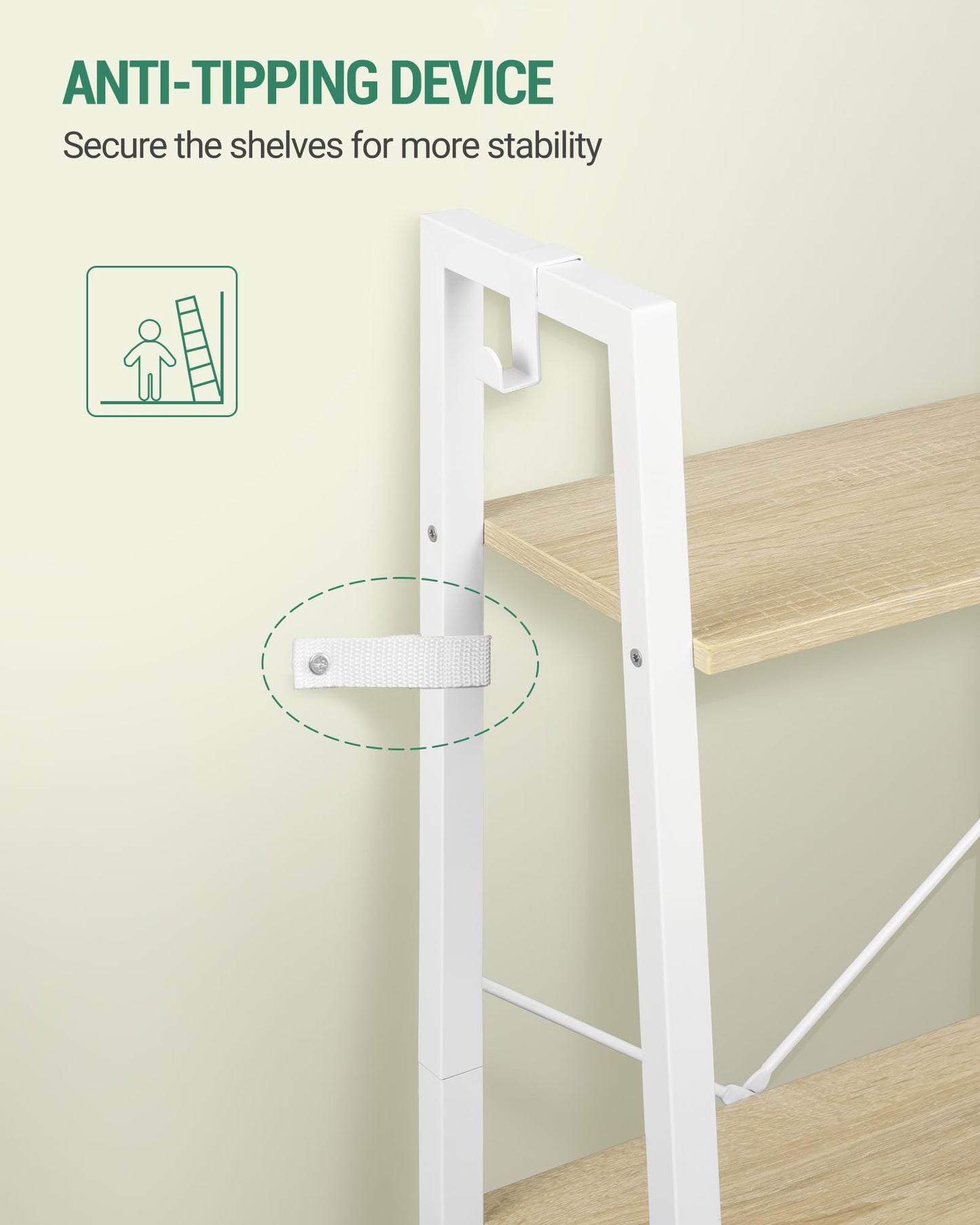 Hzuaneri Ladder Shelf, Bookshelf Bookcase, Freestanding Corner Storage Shelve with 2 Hooks for Home Office, Living Room, Kitchen, Bedroom, Industrial, 11.8" D x 13.4" W x 72.8" H, White Oak and White