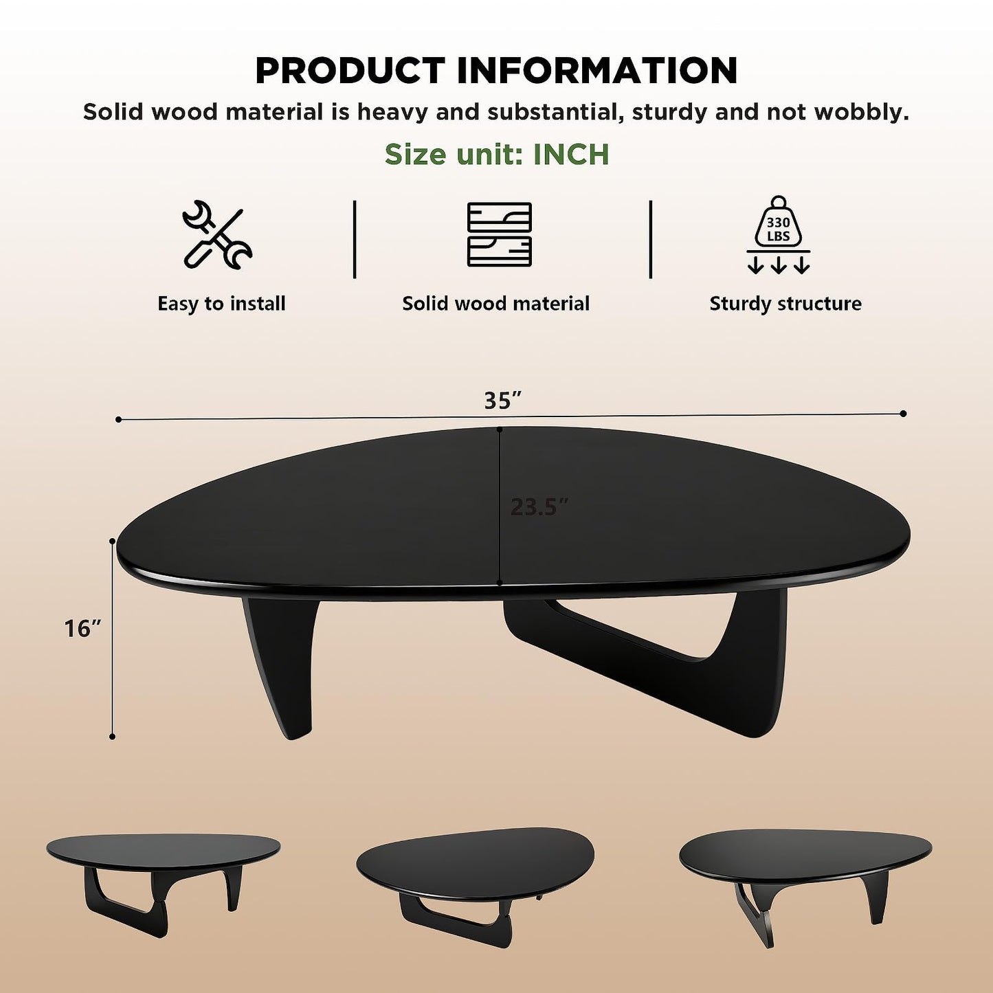 Solid Wood Triangle Coffee Table,Unique Mid Century Modern Oval Coffee Table,Irregular Geometric Tea Tables for Home Living Room with Wooden Tabletop and Reinforced Legs Black 35" L x 24" W x 16" H